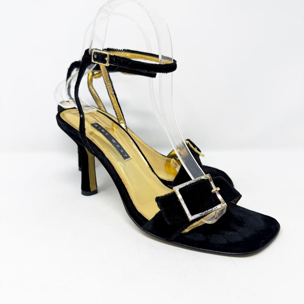 Vintage Y2K Nine West Black Velvet Strappy Heels Women's 6.5 Rhinestone Buckle